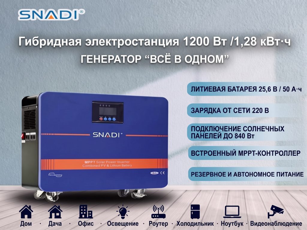 Гибридная электростанция SNADI AL-S1200 1200 Вт / 1,28 кВт·ч — солнечная энергия и зарядка от сети 220 В